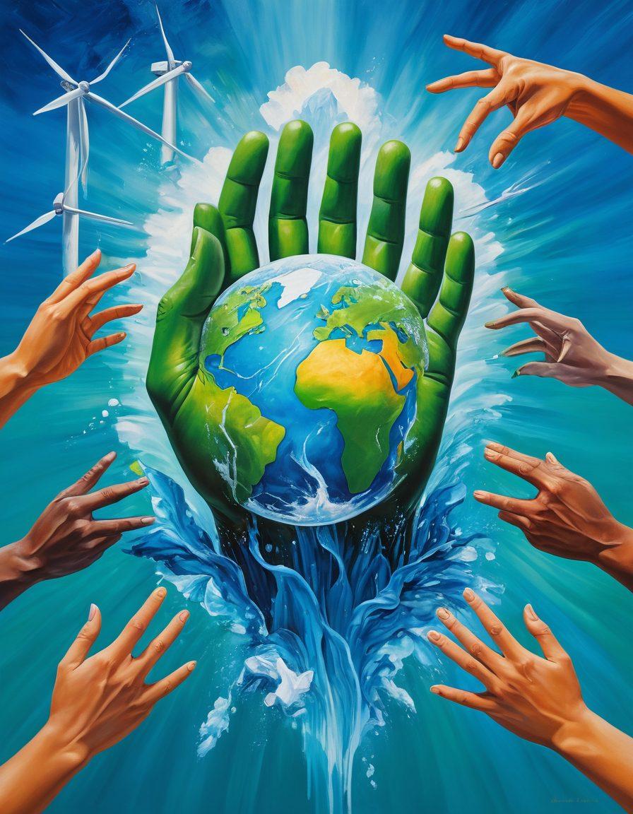 A powerful mural depicting diverse hands painting a vibrant earth surrounded by shades of green and blue, symbolizing unity in the fight against climate change. Include elements like melting icebergs, blooming flowers, and wind turbines to represent nature's struggle. Capture an inspiring atmosphere with bright, contrasting colors and dynamic brushwork. artistic painting. vibrant colors. textured canvas.