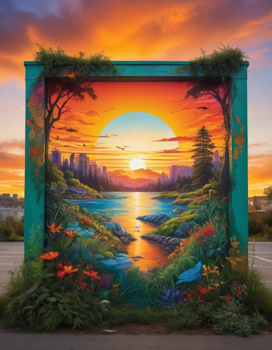 A vibrant mural depicting diverse artists creating eco-friendly art pieces, surrounded by nature reclaiming urban spaces, with a vivid sunset in the background blending warm and cool colors. Elements of recycling, wildlife, and environmental symbols harmoniously integrated into the artwork. super-realistic. vibrant colors. dynamic composition.