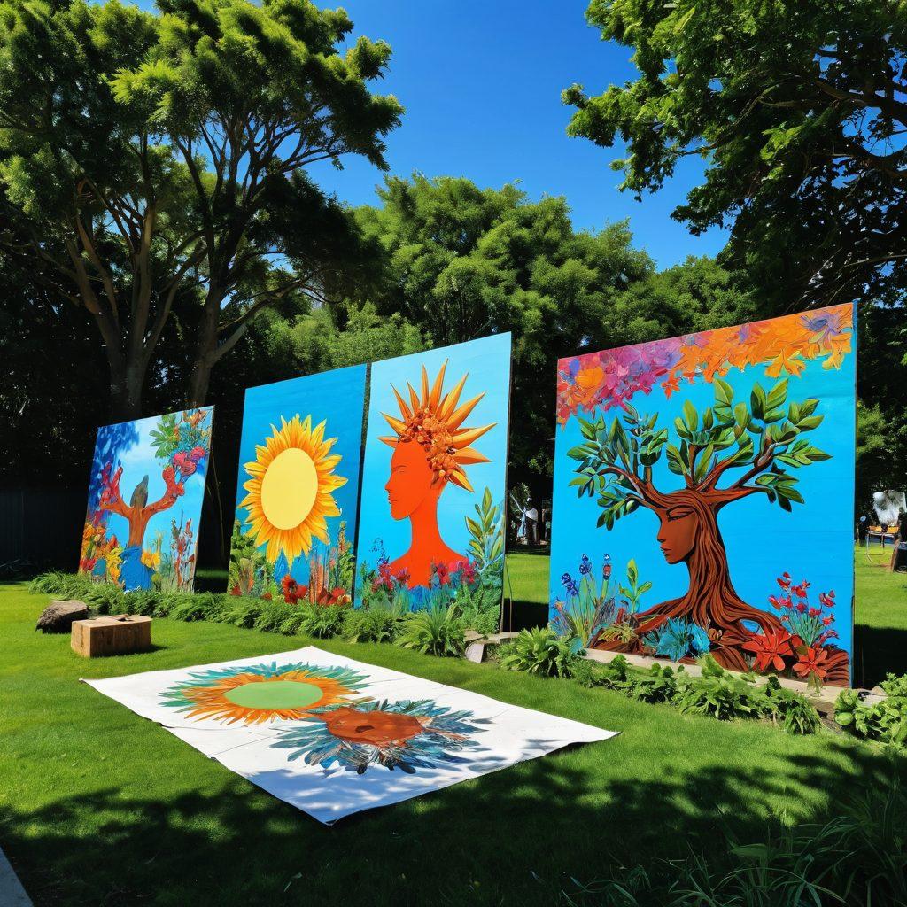 A vibrant landscape filled with art installations made from recycled materials, showcasing sculptures and murals that celebrate nature and environmental activism. In the background, lush greenery and a clear blue sky highlight the importance of eco-consciousness. Artists are seen painting and creating, as they engage with the community. The overall mood is joyful and inspiring, emphasizing creativity's role in environmental awareness. vibrant colors. super-realistic. nature-inspired.
